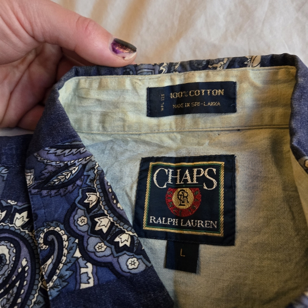 Chaps Ralph Lauren Cotton blue paisley checker short sleeve button down - Picture 3 of 7